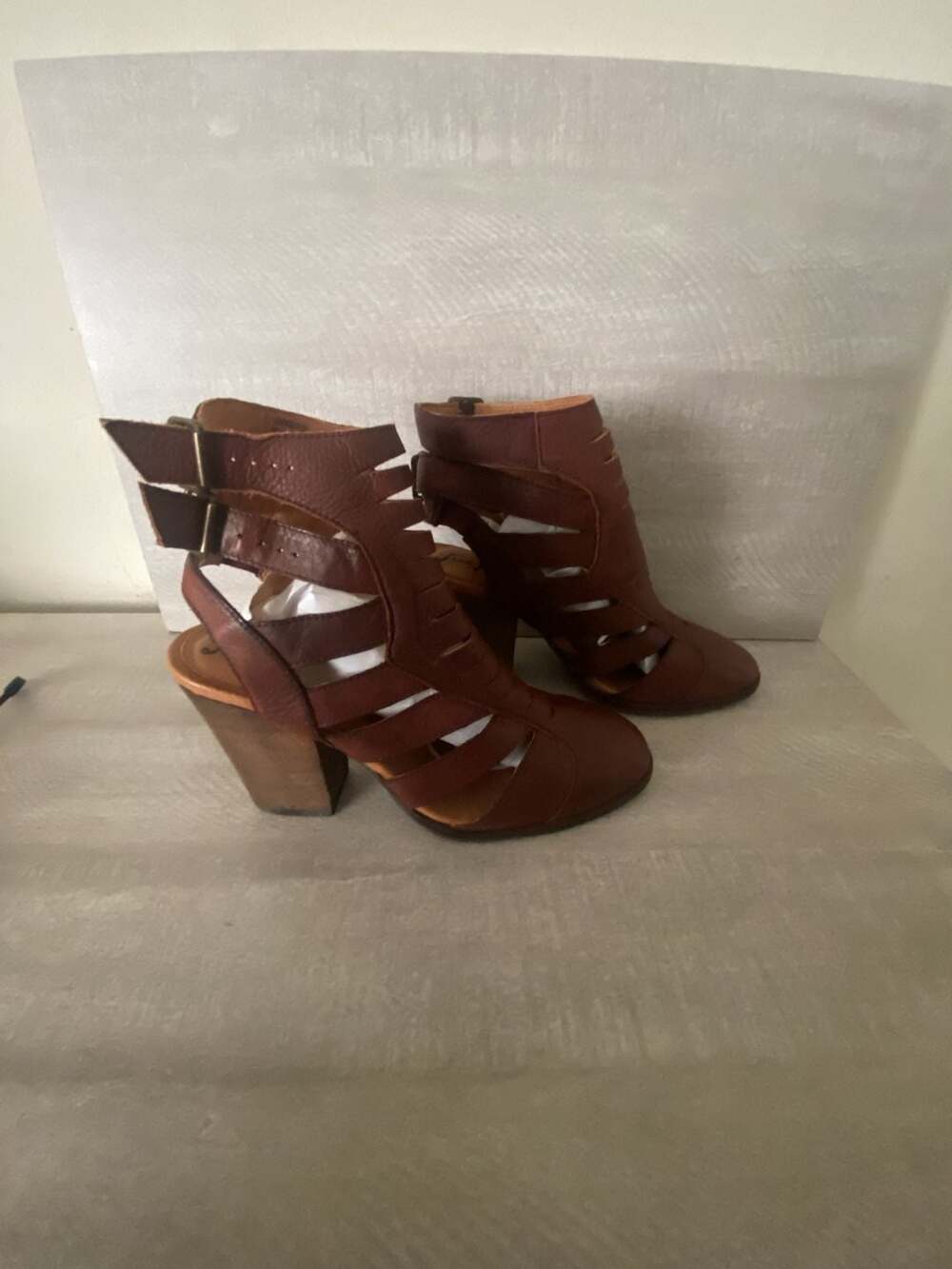 Free People Hayes Brown Leather Block Heel Strappy Buckle Bootie